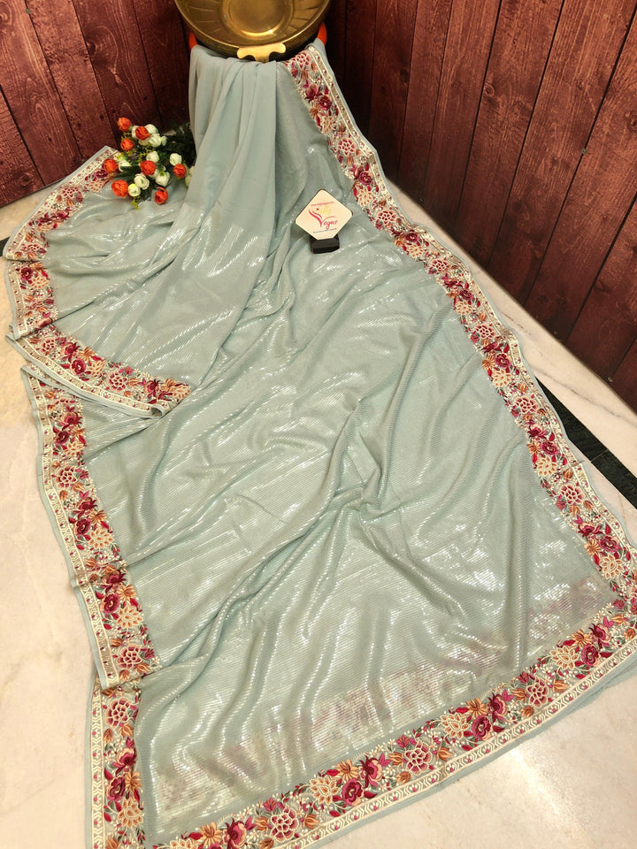 Light Sea Green Color Designer Georgette Saree with Sequin Work and Embroidery