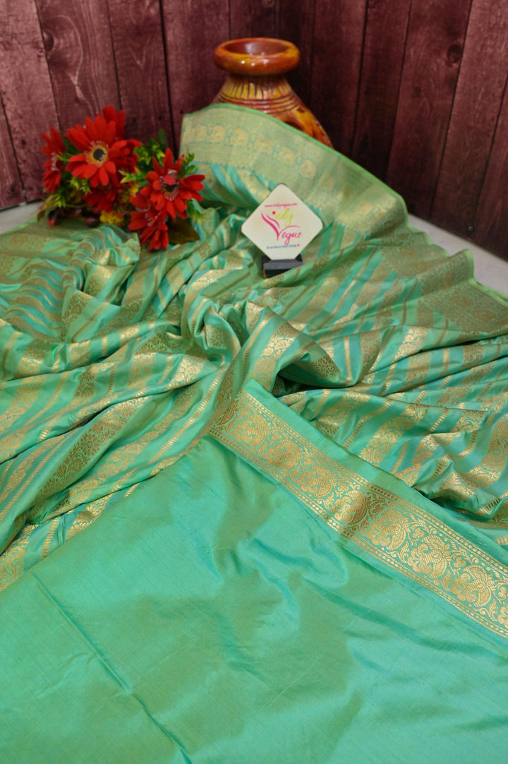 Light Sea Green Color Pure Katan Bangalore Silk Saree with Zari Stripes Work