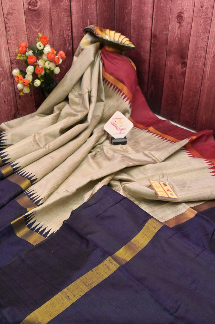 Light Soil Grey Color Pure Raw Silk Saree with Ganga Jamuna Border