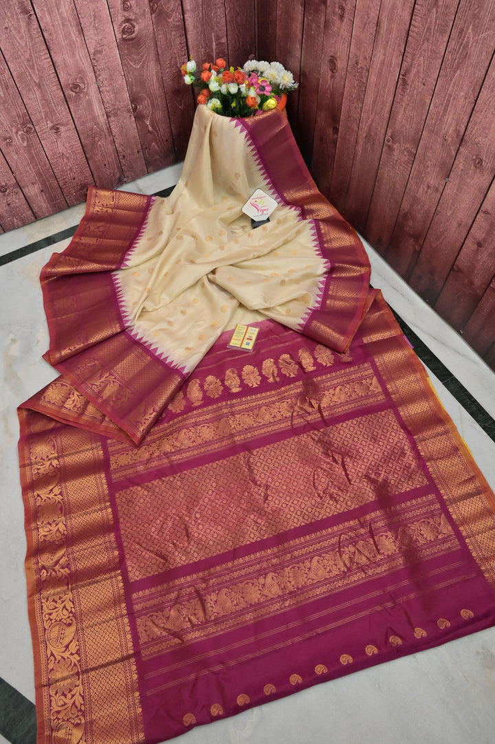 Light Tussar and Magenta Color Pure Gadwal Silk Saree with Zari Weaving