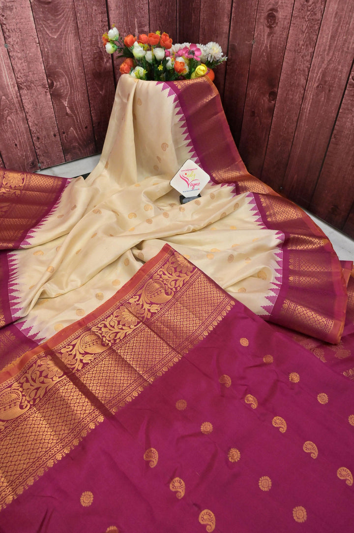 Light Tussar and Magenta Color Pure Gadwal Silk Saree with Zari Weaving