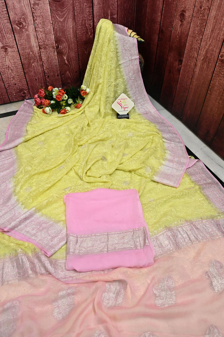 Light Yellow and Pink Color Chiffon Banarasi Saree with Chikankari Work