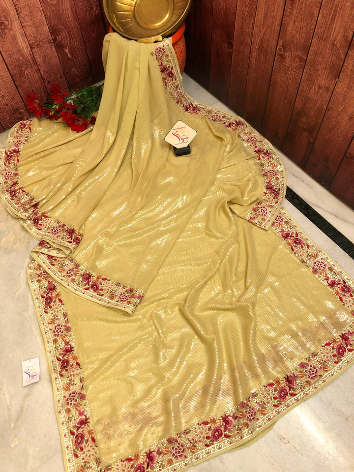 Light Yellow Color Designer Georgette Saree with Embroidery and Sequin Work