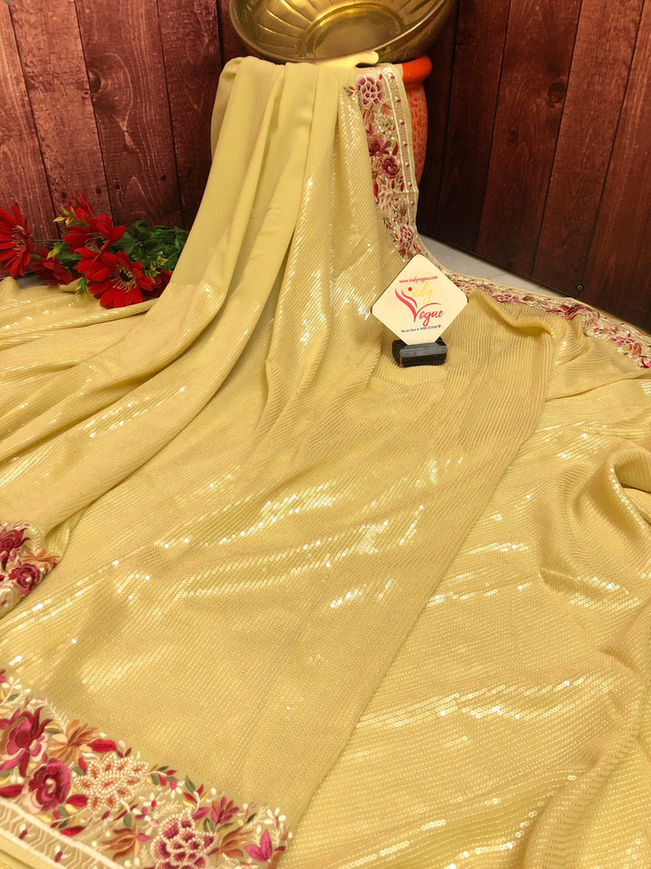 Light Yellow Color Designer Georgette Saree with Embroidery and Sequin Work