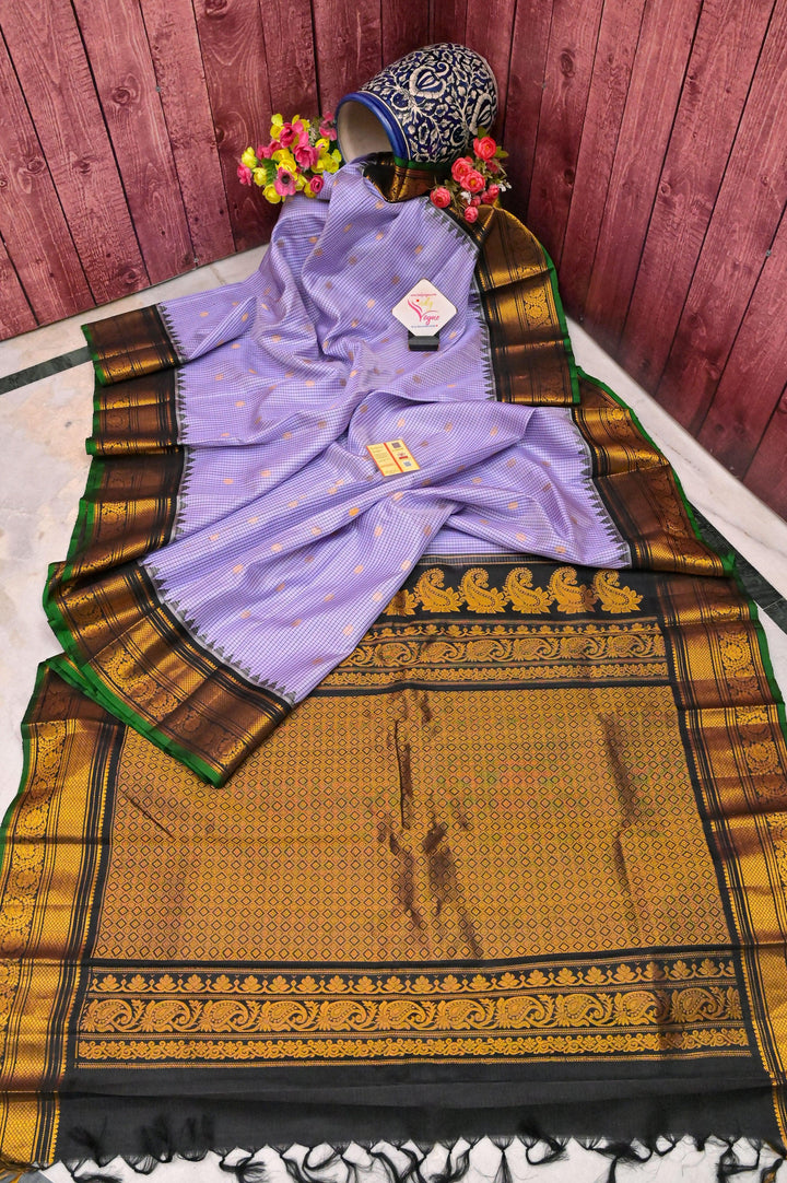Lilac Color Gadwal Silk Saree with Check Body and Temple Border