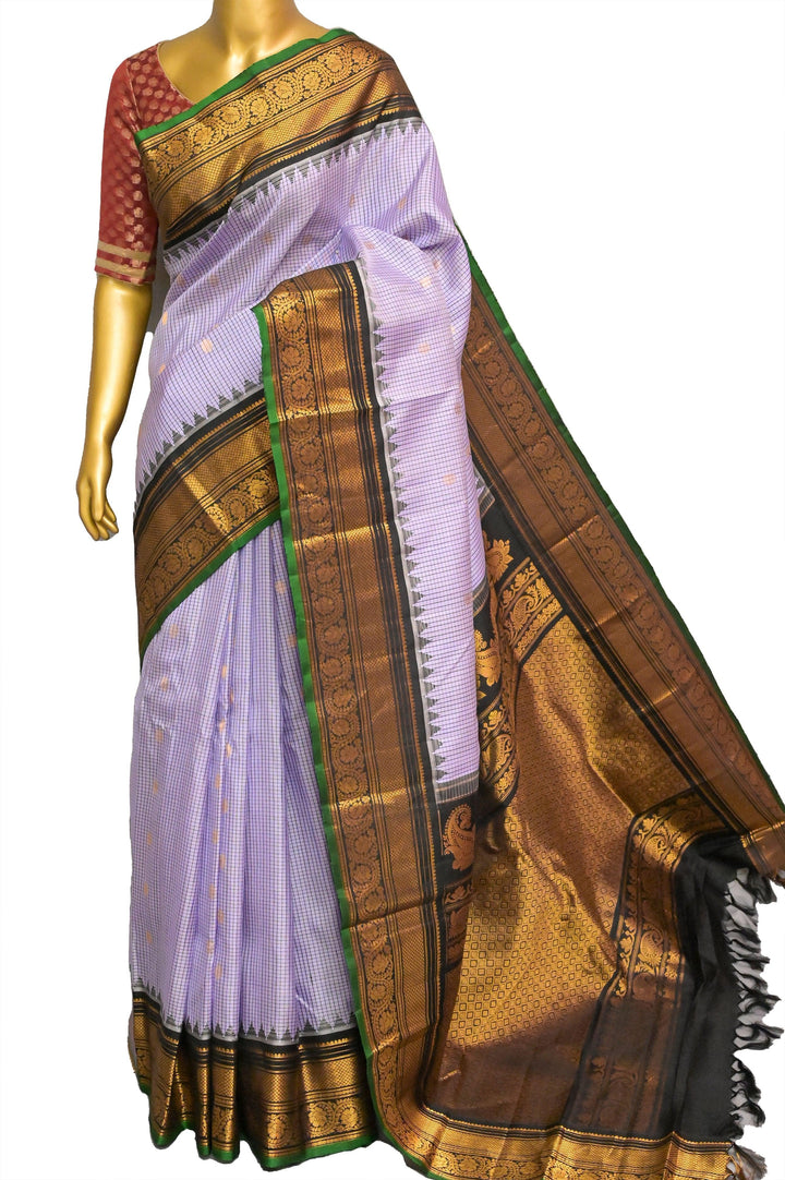 Lilac Color Gadwal Silk Saree with Check Body and Temple Border