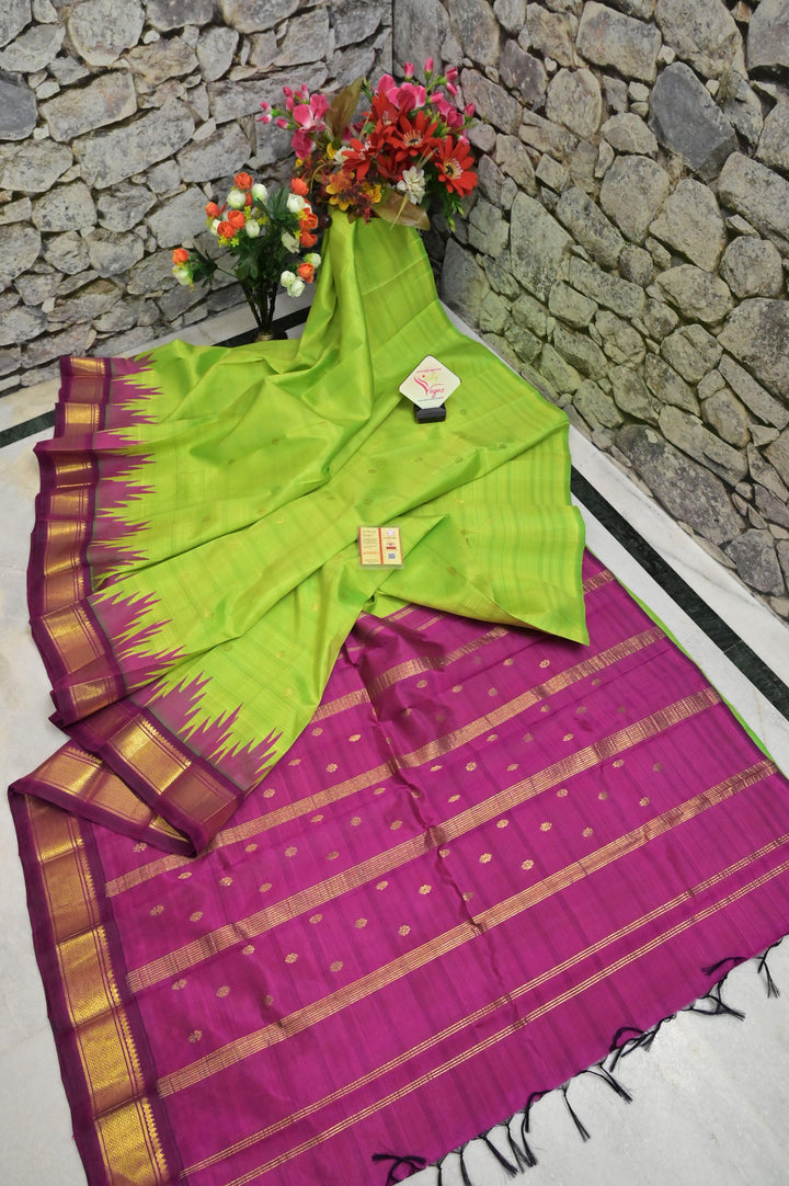 Lime Green and Magenta Color Pure Kanjeevaram Silk with Zari Temple Border