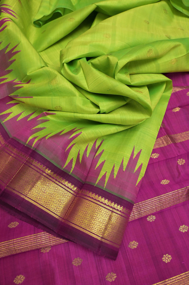 Lime Green and Magenta Color Pure Kanjeevaram Silk with Zari Temple Border