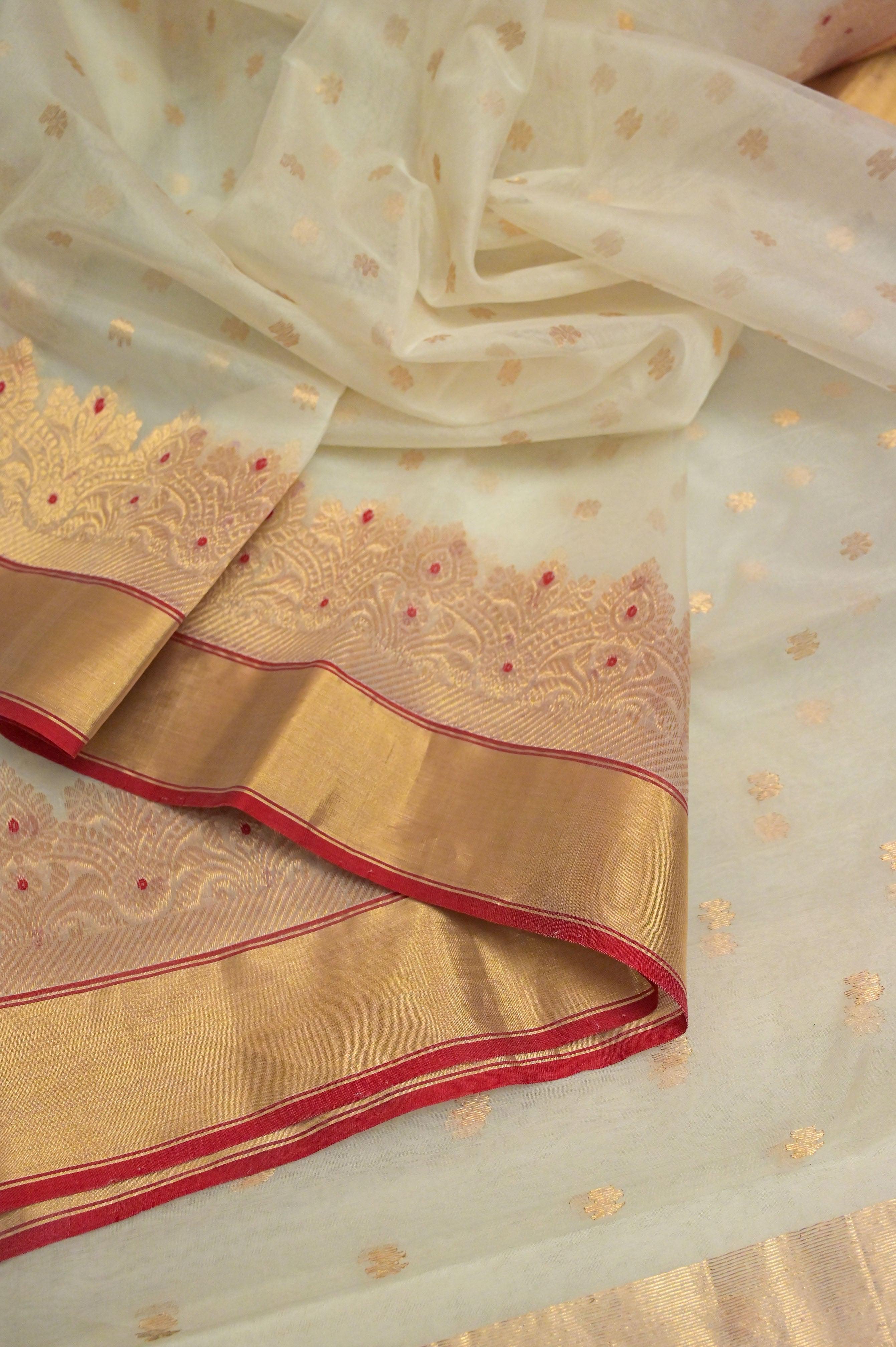 Buy Lime White Color Pure Chanderi Silk Banarasi Saree At IndyVogue