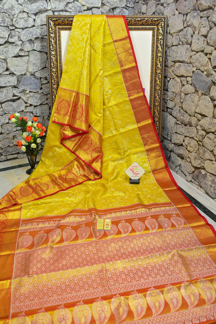 Lime Yellow and Red Color Pure Brocade Kanjeevaram Silk Saree with Broad Border