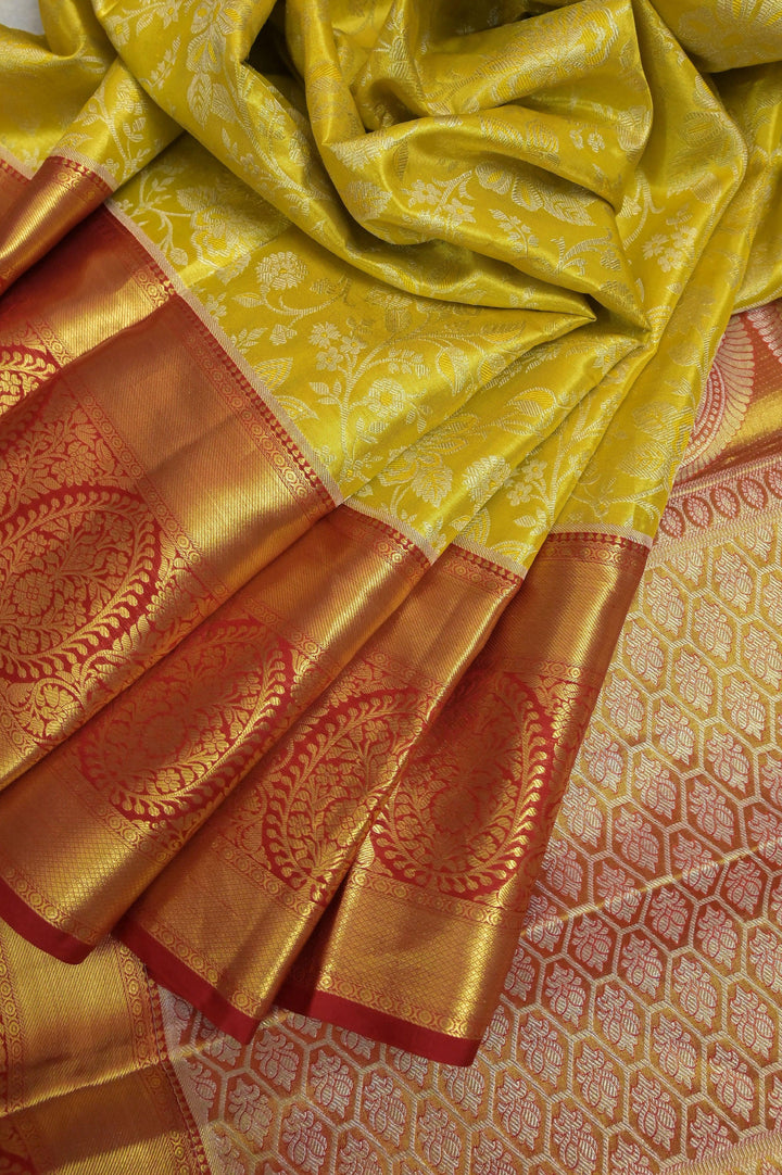 Lime Yellow and Red Color Pure Brocade Kanjeevaram Silk Saree with Broad Border