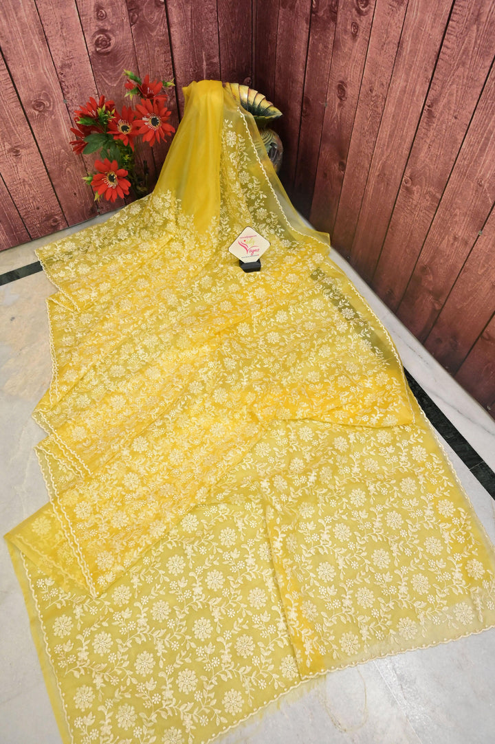 Lime Yellow Color Organza Saree wtih Allover Embroidery Work
