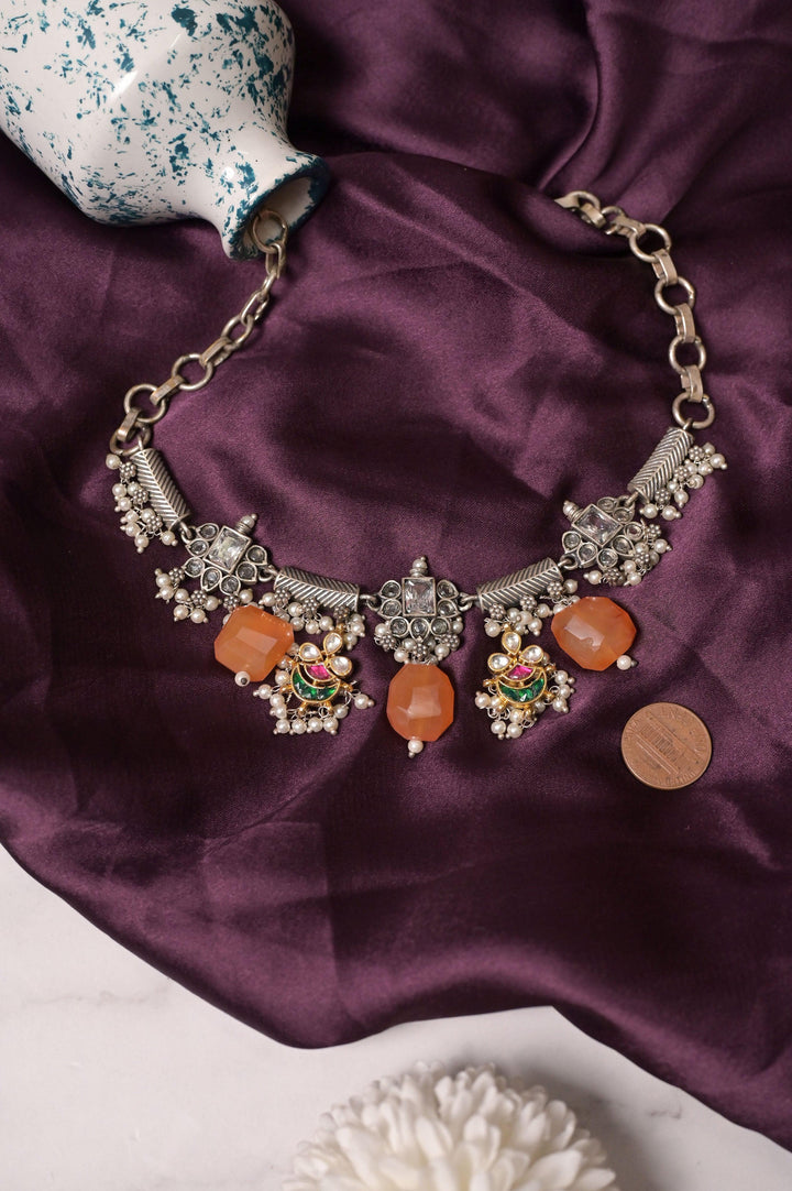 Long Collar Silver Replica Necklace Set with Pachi Kundan & Monalisa Stone Cutwork