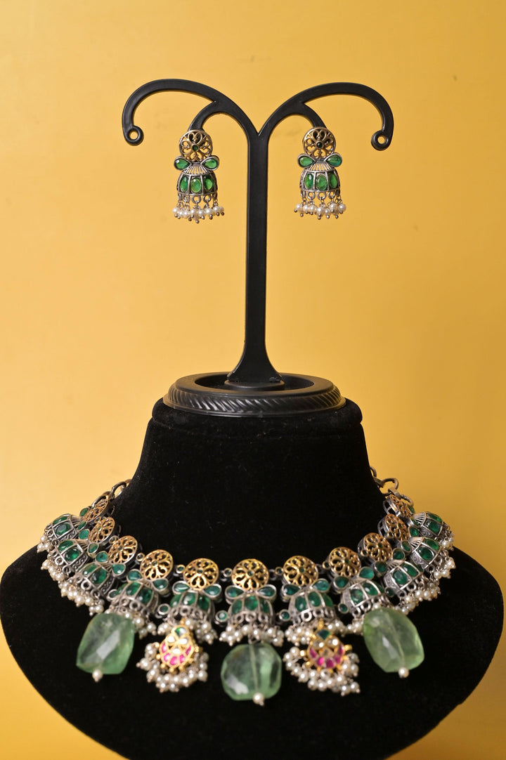 Long Dual-Tone Silver Polish Necklace Set with Pachi Kundan and Monalisa Cut Stonework