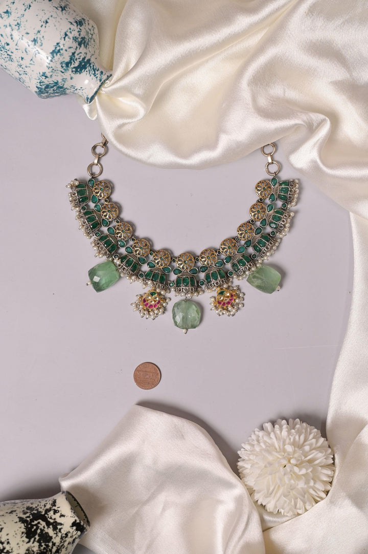 Long Dual-Tone Silver Polish Necklace Set with Pachi Kundan and Monalisa Cut Stonework