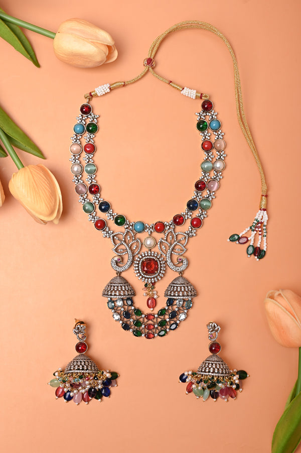 Long Pendant Multicolored Stonework Necklace Set