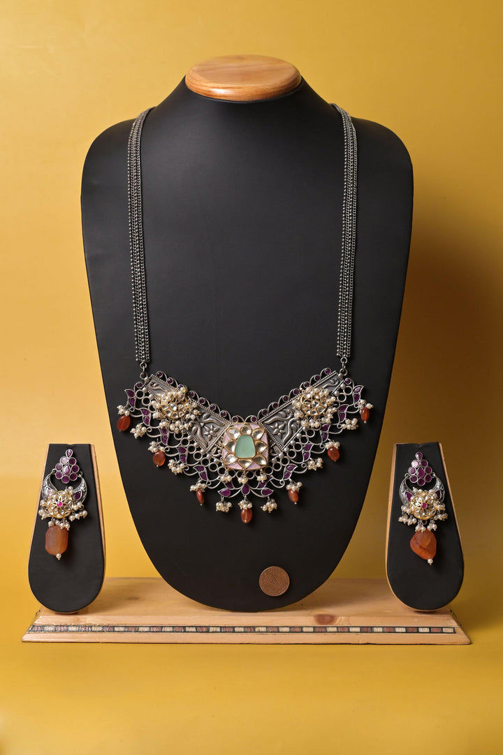Long Silver Polish Ferret Necklace Set with Pachi Kundan and Monalisa Stone Work