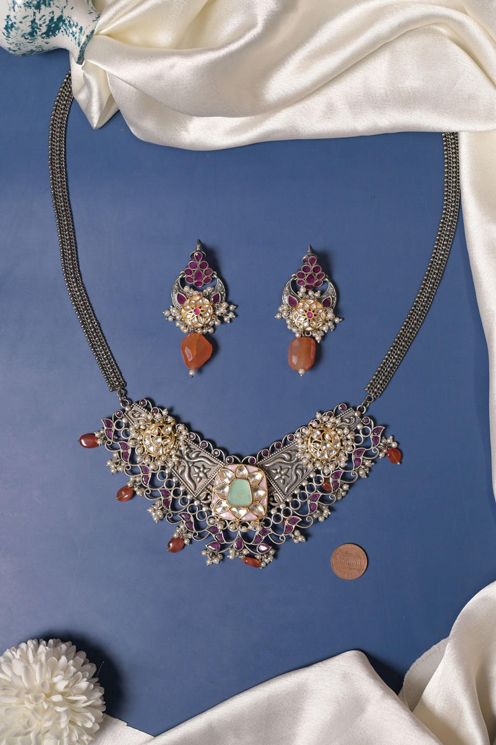 Long Silver Polish Ferret Necklace Set with Pachi Kundan and Monalisa Stone Work