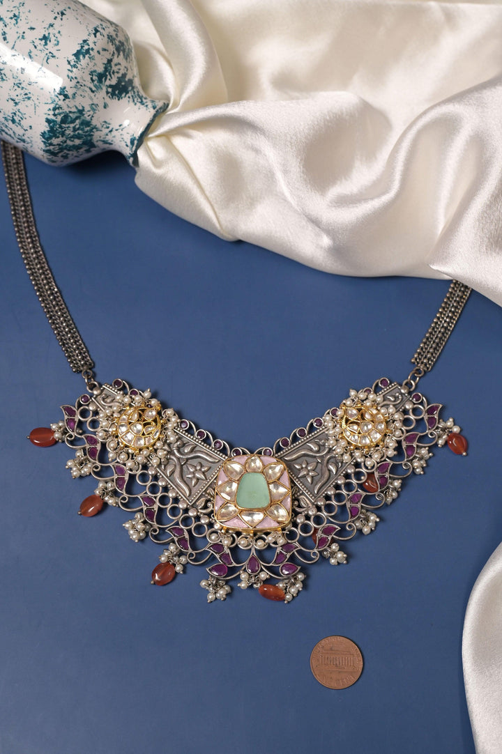 Long Silver Polish Ferret Necklace Set with Pachi Kundan and Monalisa Stone Work