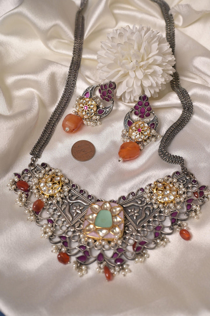Long Silver Polish Ferret Necklace Set with Pachi Kundan and Monalisa Stone Work
