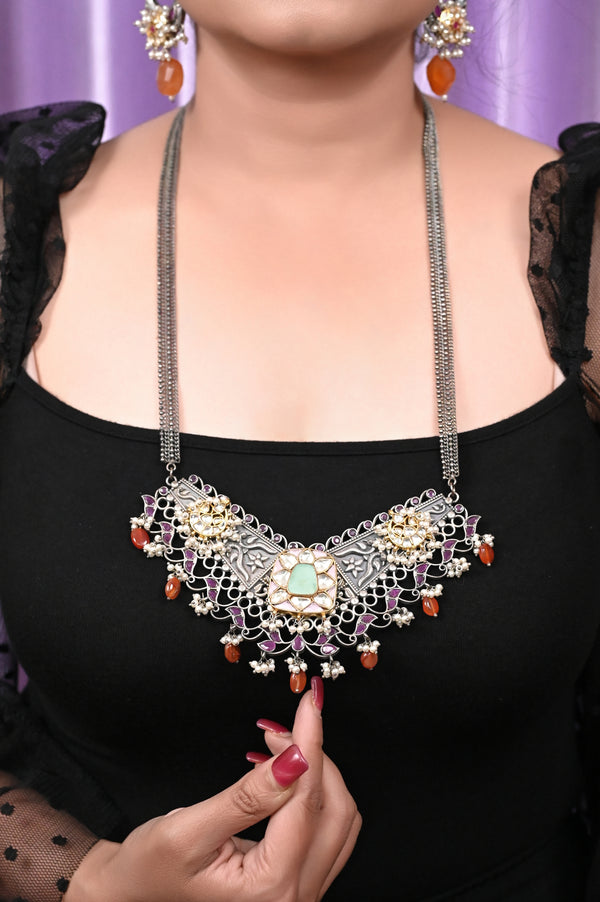 Long Silver Polish Ferret Necklace Set with Pachi Kundan and Monalisa Stone Work