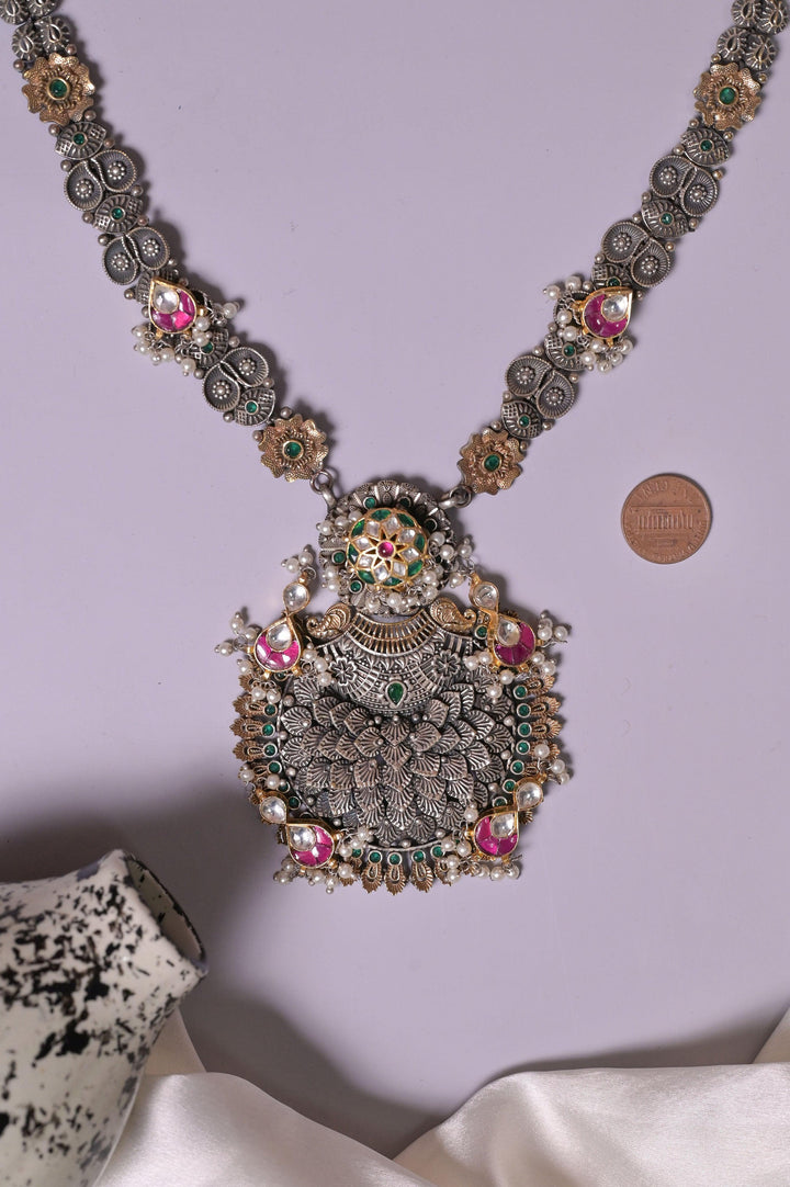 Long Sitahar Style Antique Metal Necklace Set with Pachi Kundan and Monalisa Stoner Work