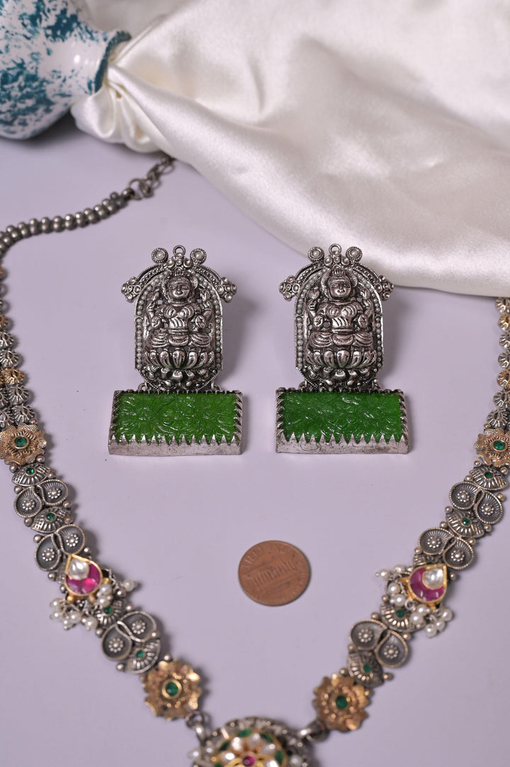 Long Sitahar Style Antique Metal Necklace Set with Pachi Kundan and Monalisa Stoner Work