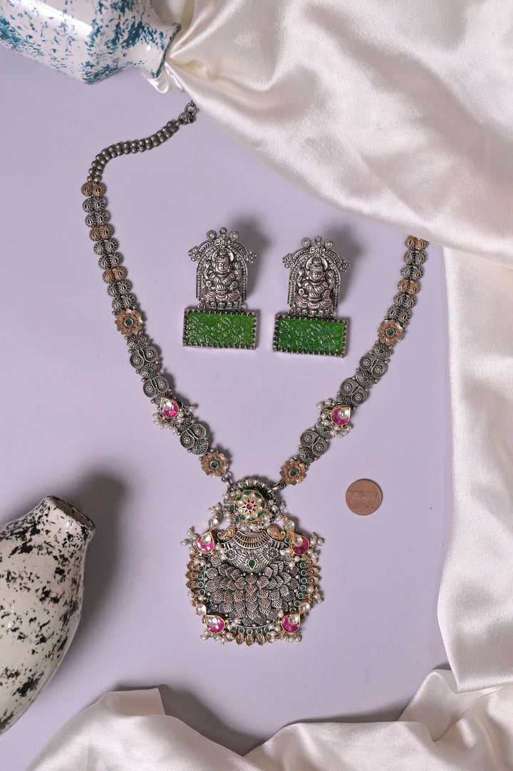 Long Sitahar Style Antique Metal Necklace Set with Pachi Kundan and Monalisa Stoner Work