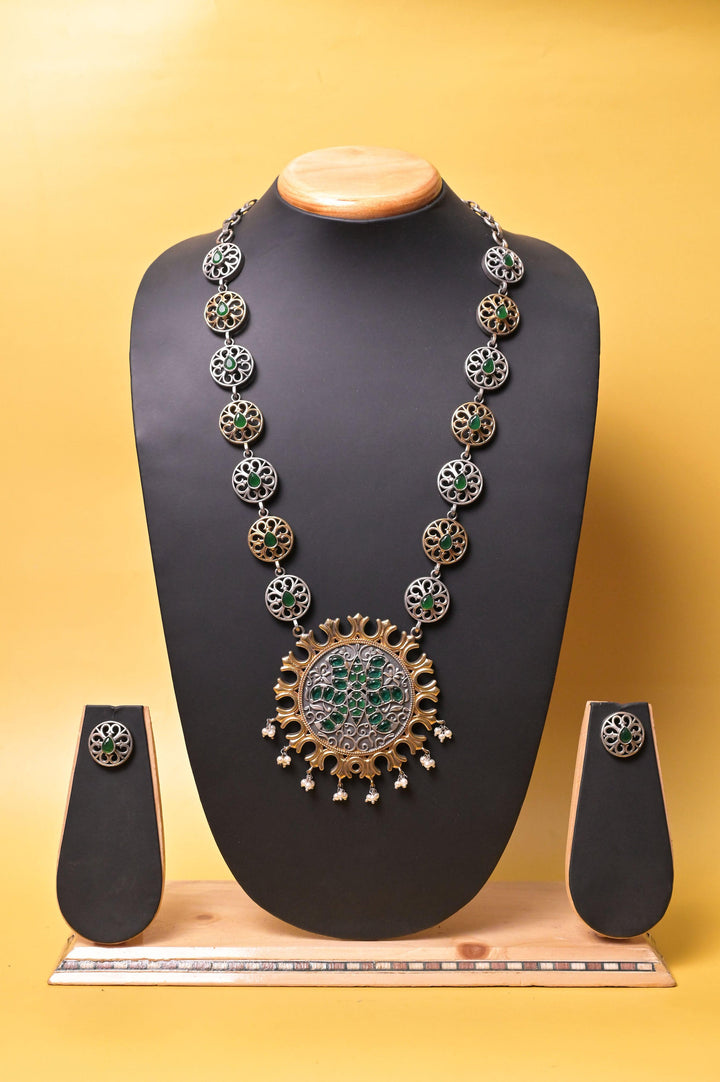 Long Sitahar Style Golden and Silver Dual Tone Necklace Set with Monaliasa Stone Work