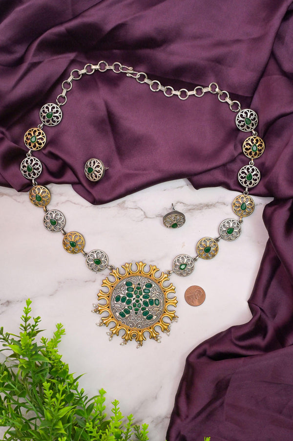 Long Sitahar Style Golden and Silver Dual Tone Necklace Set with Monaliasa Stone Work
