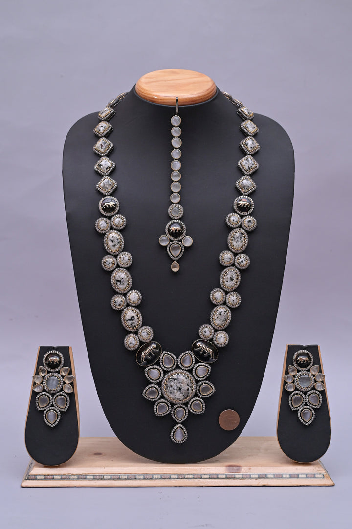 Long Sitahar Style Necklace Set with Marble Stone and Monalisa Stone Work