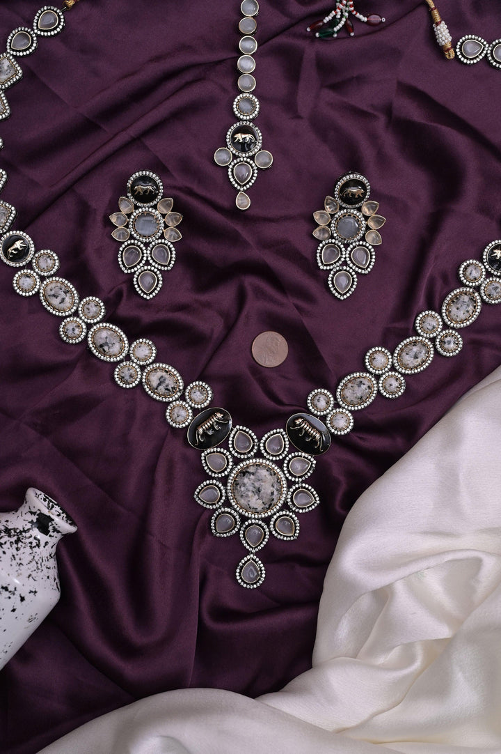 Long Sitahar Style Necklace Set with Marble Stone and Monalisa Stone Work