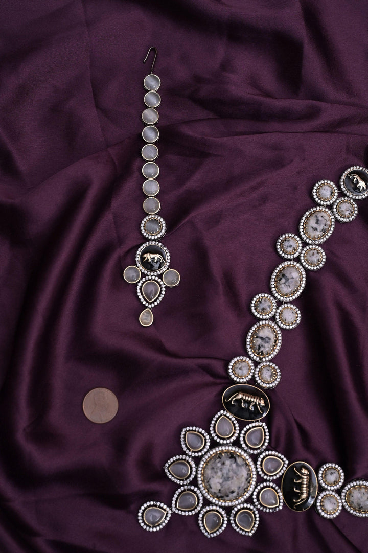 Long Sitahar Style Necklace Set with Marble Stone and Monalisa Stone Work