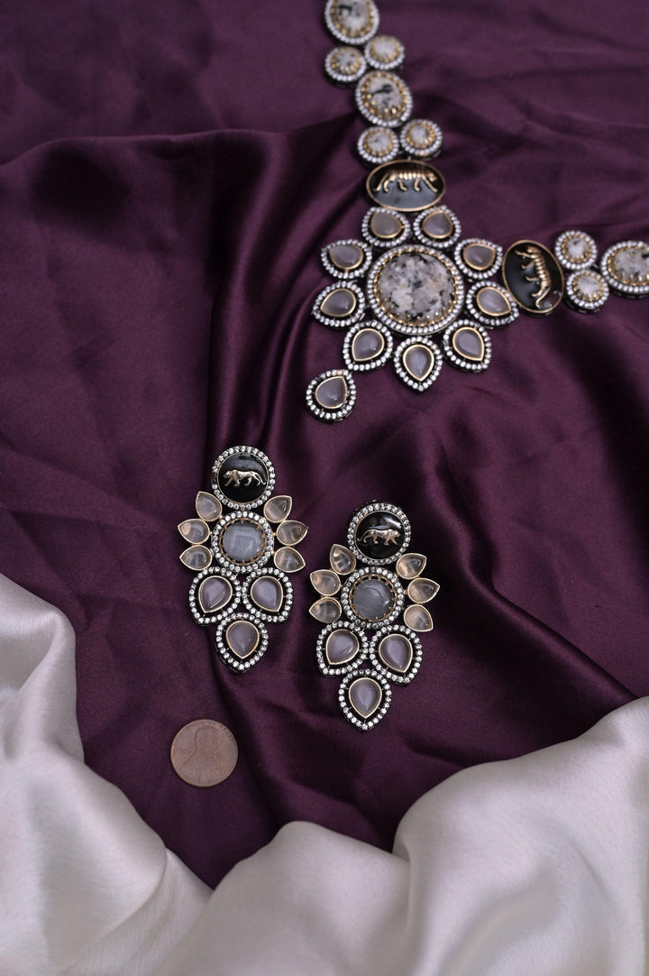 Long Sitahar Style Necklace Set with Marble Stone and Monalisa Stone Work