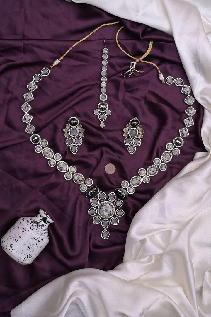 Long Sitahar Style Necklace Set with Marble Stone and Monalisa Stone Work