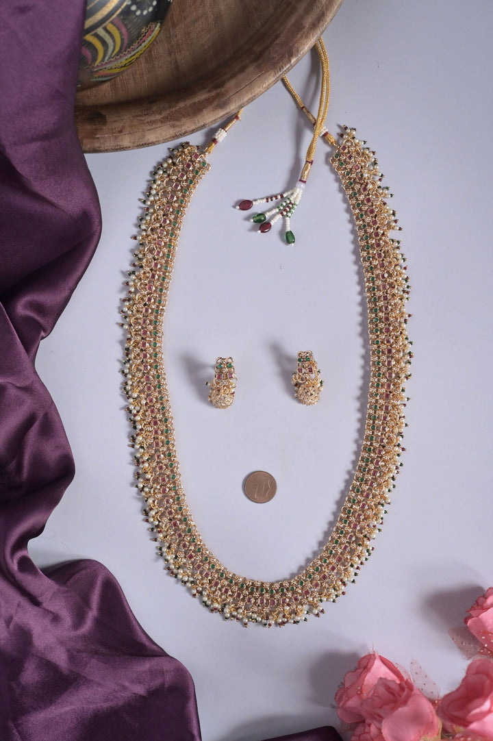 Long Sitahar Style Necklace Set with Pota Stone