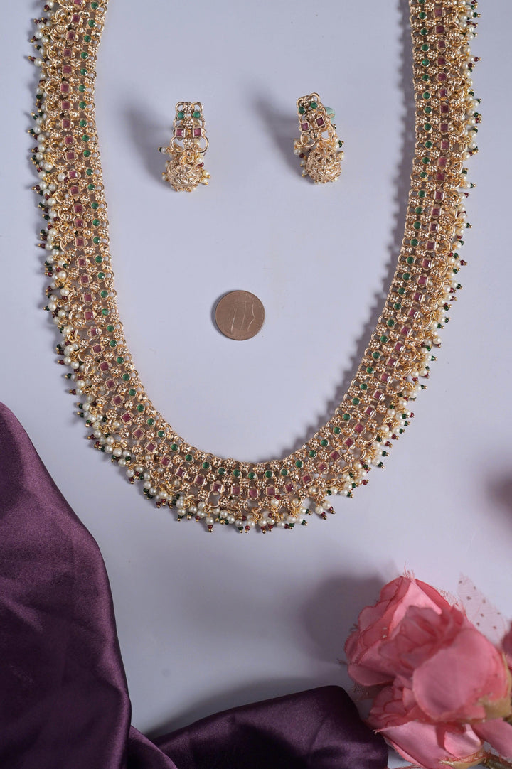 Long Sitahar Style Necklace Set with Pota Stone