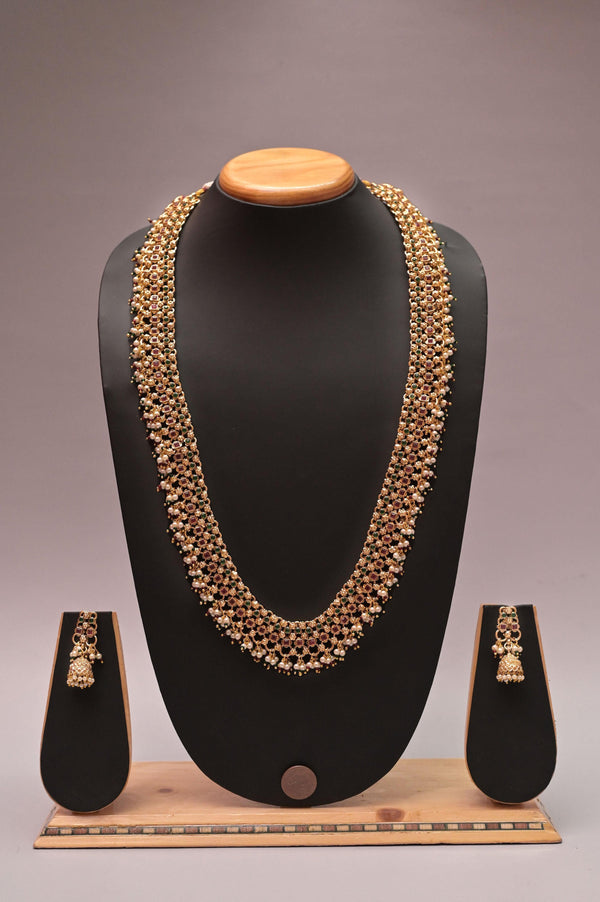 Long Sitahar Style Necklace Set with Pota Stone