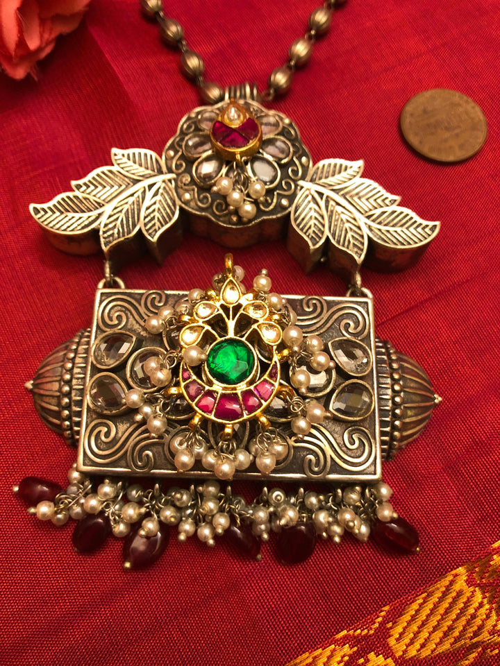 Long Sitahar Style Necklace Set with Silver Replica and Pachi Kundan Work
