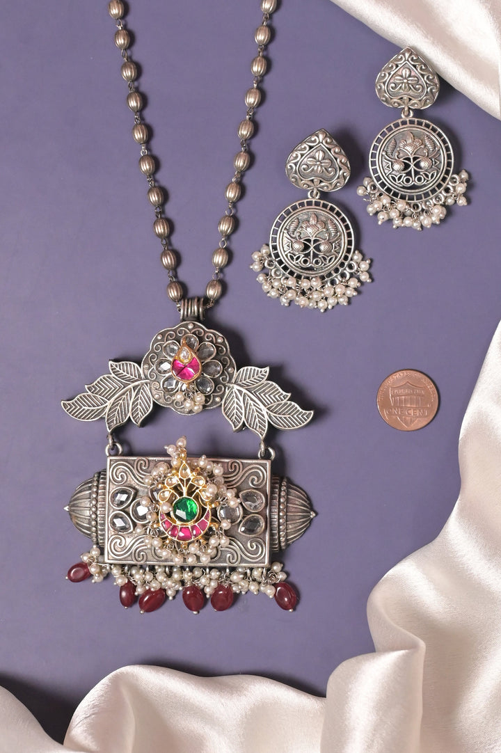 Long Sitahar Style Necklace Set with Silver Replica and Pachi Kundan Work