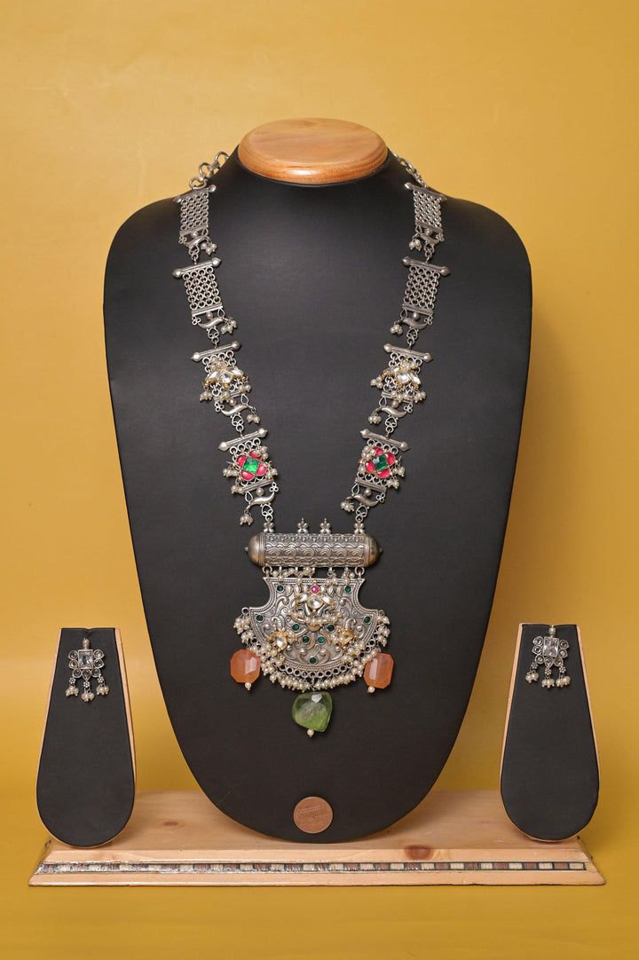 Long Sitahar Style Silver Replica Necklace Set with Pachi Kundan and Cut Stonework