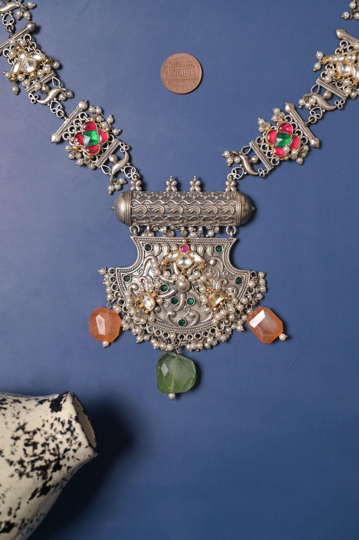 Long Sitahar Style Silver Replica Necklace Set with Pachi Kundan and Cut Stonework