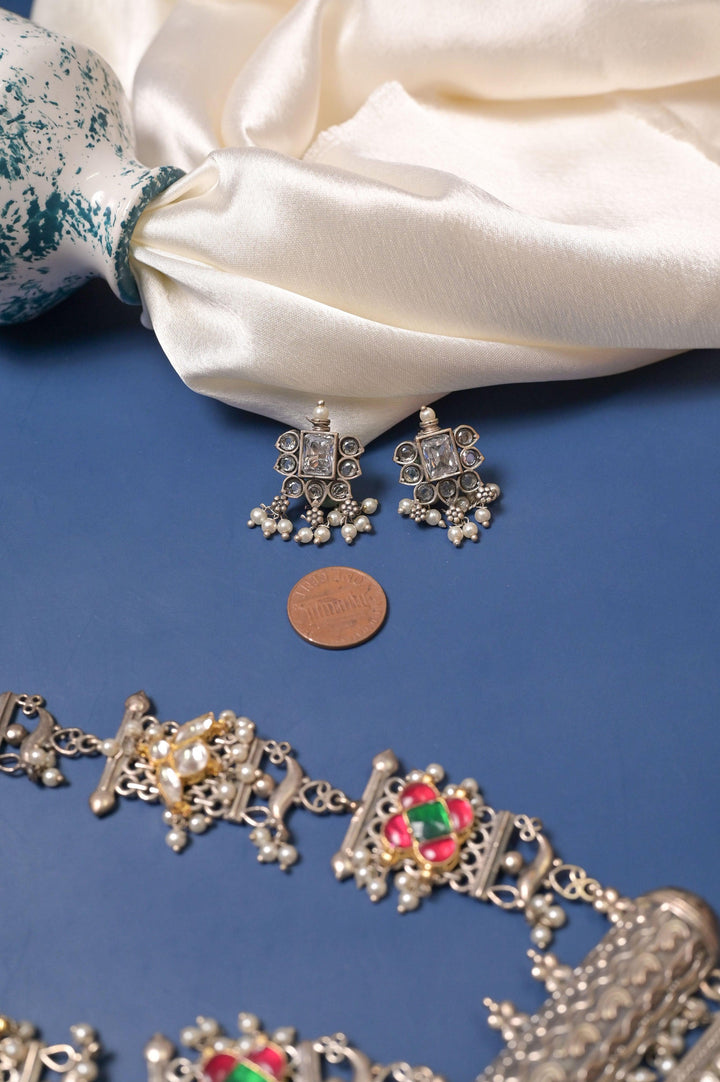Long Sitahar Style Silver Replica Necklace Set with Pachi Kundan and Cut Stonework