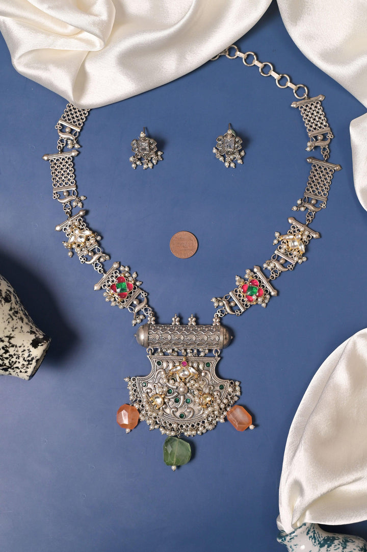 Long Sitahar Style Silver Replica Necklace Set with Pachi Kundan and Cut Stonework