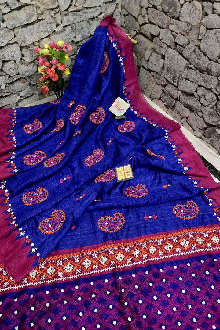 Magenta and Blue Color Matka Silk Saree with Hand Gujarati Embroidery and Mirror Work