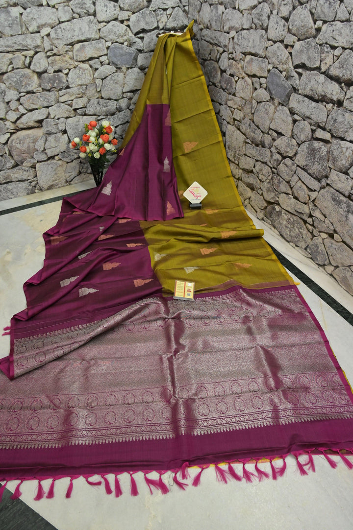 Magenta and Golden Green Color Kanjeevaram Silk Saree with Copper & Silver Zari Work