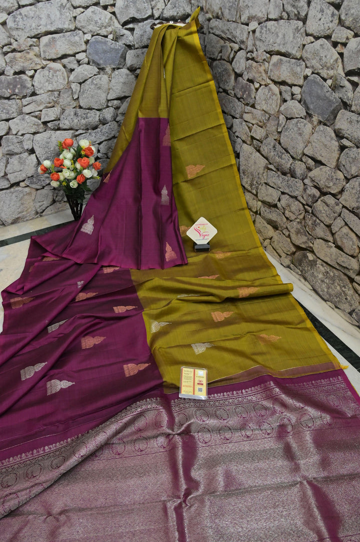 Magenta and Golden Green Color Kanjeevaram Silk Saree with Copper & Silver Zari Work