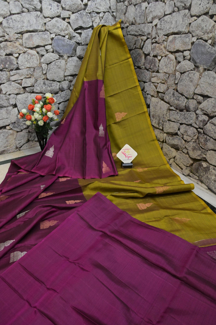 Magenta and Golden Green Color Kanjeevaram Silk Saree with Copper & Silver Zari Work