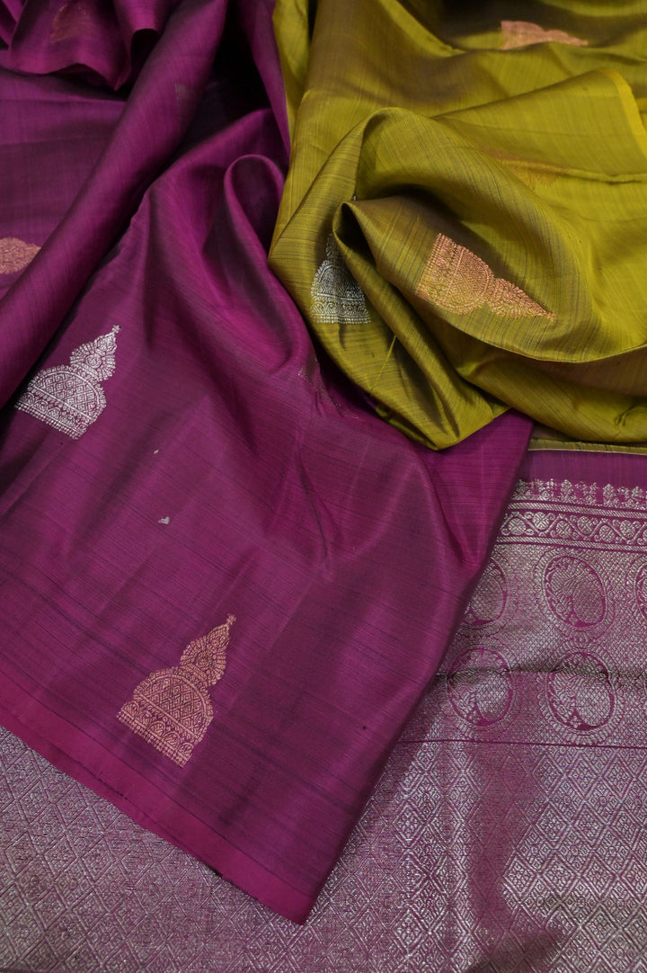 Magenta and Golden Green Color Kanjeevaram Silk Saree with Copper & Silver Zari Work