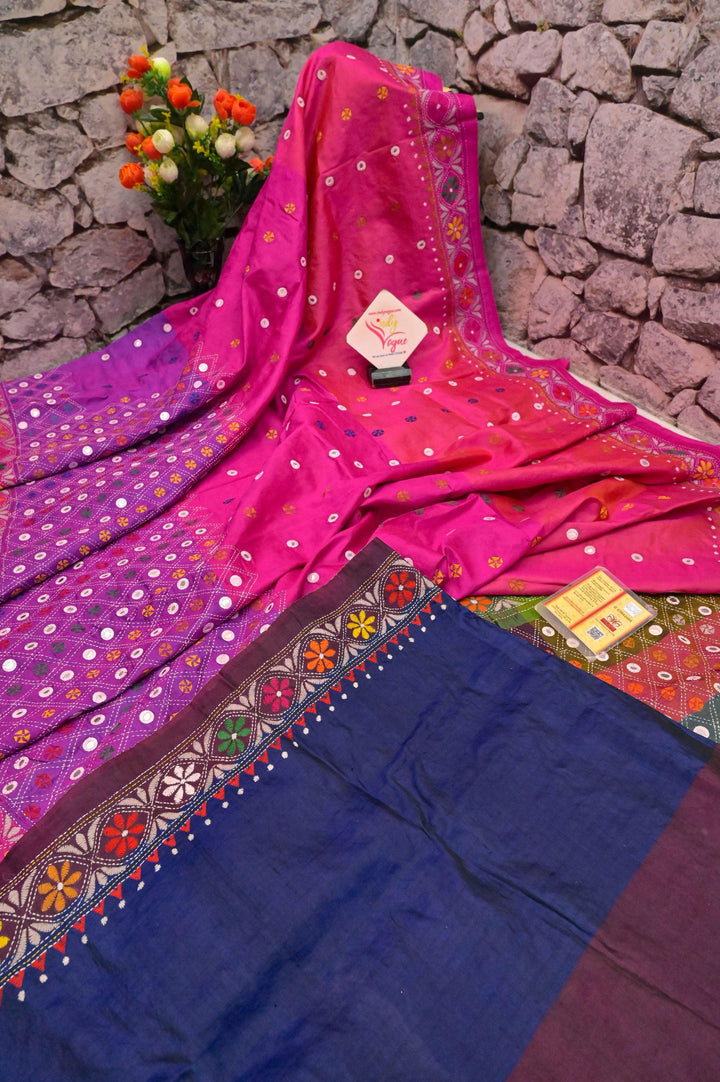 Magenta and Multiple Shades Bishnupur Katan Silk with Hand Kantha Stitch and Mirror Work